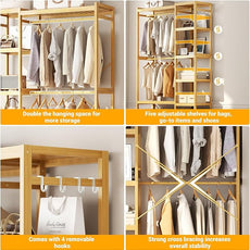 Homykic Bamboo Clothes Rack Garment Rack for Hanging Clothes, Heavy Duty Clothing Rack with 7 Tiers Adjustable Shelves, Double Rods, 4 Hooks, Freestanding Closet System Organizer Wardrobe, Natural