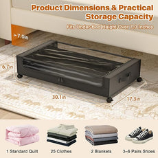 Under Bed Storage with Wheels,XXL 60L Under Bed Storage Containers with Clear Lids, Rolling Under Bed Metal Drawer for Clothes, Shoes,Toys (Black, 2 Pack)