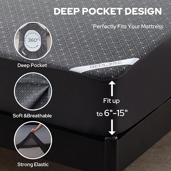 BEDLORE Full Size Mattress Protector, Waterproof Noiseless Mattress Cover with Stretchable Pockets for 6-15 inches Mattress, Soft Breathable Mattress Pad for College Dorm (Dark Gray)