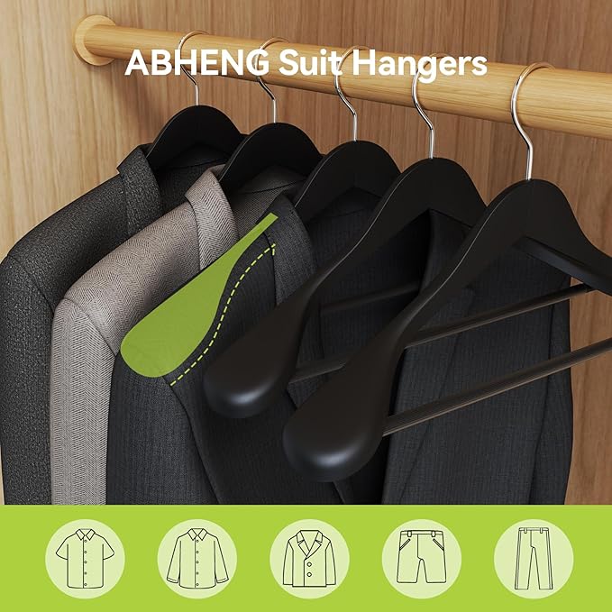 Solid Wood Suit Hangers, 10 Pack, Coat Hangers with Non Slip Trouser Bar, 360° Swivel Hook, Heavy Duty Wide for Suit, Coat, Jacket, Trousers, Pants,17.3" W x 9" H, Black AWY0410B