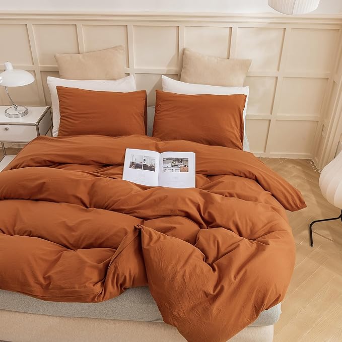 ECOCOTT 100% Washed Cotton Duvet Cover Full Size – Soft & Breathable Linen Feel Bedding Set, 3 Pieces Brown Comforter Cover with Zipper Closure for All Seasons