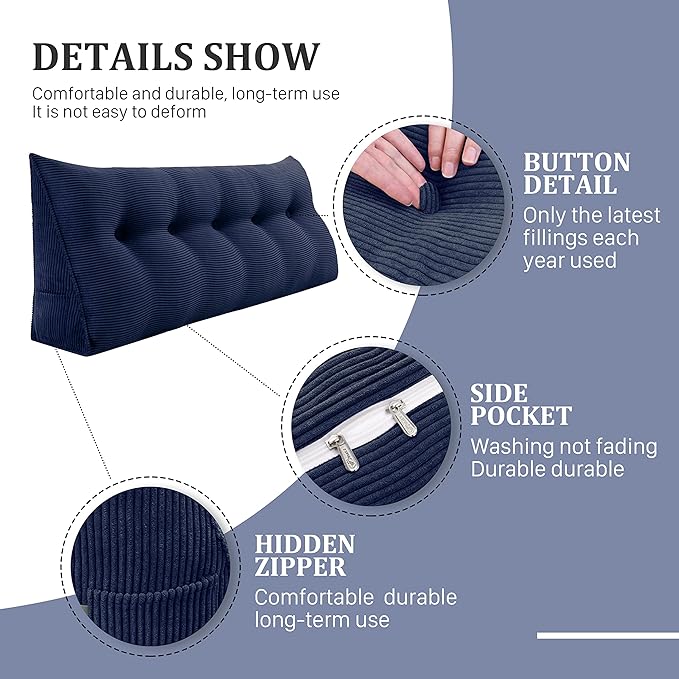 11 lbs Thickened Wedge Pillow Headboard Body Positioner Triangular Reading Pillow Bed Bolster Pillow for Sitting in Bedwith Removable Cover Gift for Mom Backrest Cordury Blue Queen