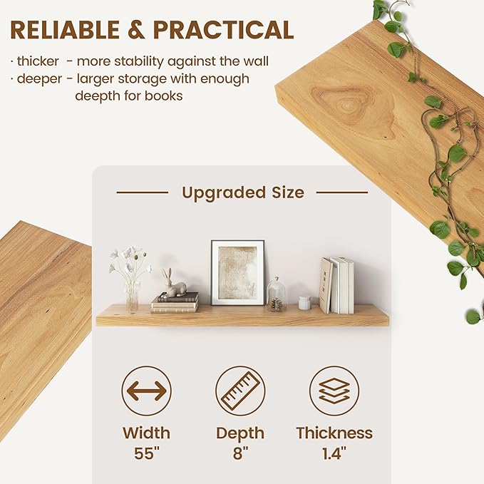 Elm Floating Shelves for Wall Decor, Rustic Solid Wood Shevles Wall Mounted with Invisible Bracket for Living Room Bathroom Bedroom Kitchen, 55 Inch Set of 1, Natural