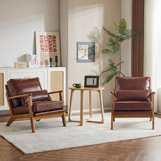 Karl home Accent Chair Wide Armrest Mid-Century Lounge Chair PU Leather Armchair with Lumbar Pillow & Solid Wood Frame for Living Room, Bedroom, Balcony, Red-Brown