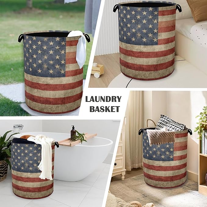 Vintage Flag Laundry Basket,Oxford Cloth Laundry Hamper with Handle Foldable Portable Clothes Storage Basket for Bathroom Bedroom Dorm Room 16" x 20.8"