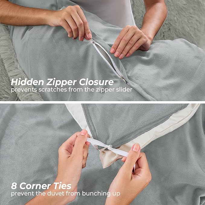 Sasttie 2-Piece Fluffy Duvet Cover Twin/Twin XL, Ultra Soft Faux Fur and Velvet Light Grey Comforter Cover, Fuzzy Bedding Sets for Winter Bed, Includes 1 Duvet Cover and 1 Pillowcase, No Comforter