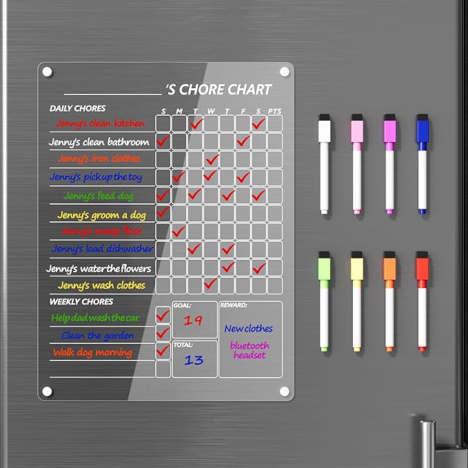 Acrylic Magnetic Chore Chart for Fridge, Clear Dry Erase Chores Chart for Refrigerator, Responsibility Reward Planning Board for Teens Family, w/ 8 Colors Markers, 12"x9"