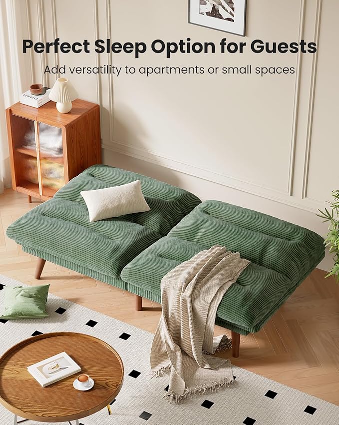 AMADA 66"Convertible Futon Sofa Bed, Corduroy Folding Futon Set with Adjustable Backrest &Armrests, Recliner Lounge for Living Room, Apartment or Office, Solid Wood Frame, Loveseat Sofa -Forest Green