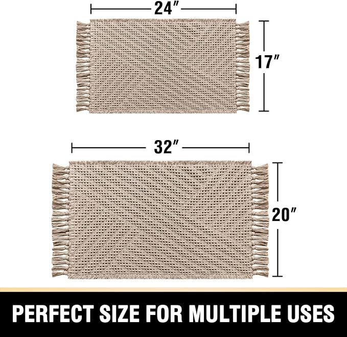H.VERSAILTEX Waffle Bath Mat Super Absorbent Boho Bath Mat Non Slip Bath Rugs for Bathroom Floor Machine Washable Dry Fast Bathroom Rugs with Tassels (20 x 32 Plus 17 x 24 Inches, Irish Cream)