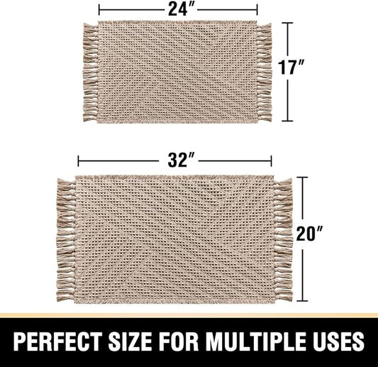 H.VERSAILTEX Waffle Bath Mat Super Absorbent Boho Bath Mat Non Slip Bath Rugs for Bathroom Floor Machine Washable Dry Fast Bathroom Rugs with Tassels (20 x 32 Plus 17 x 24 Inches, Irish Cream)