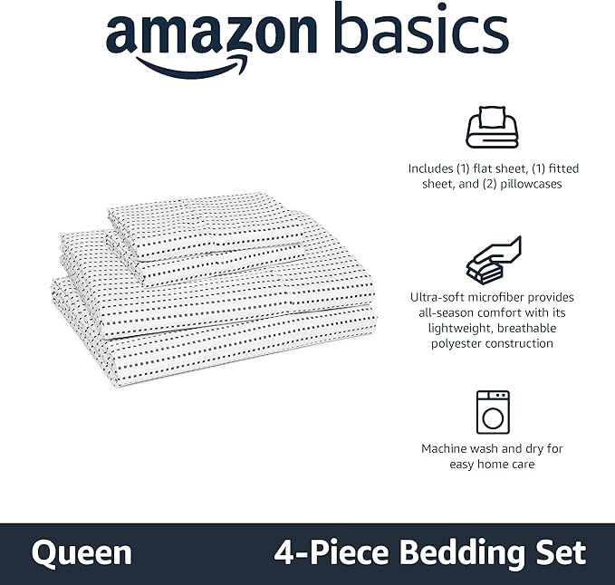 Amazon Basics Lightweight Microfiber 4-Piece Bed Sheet Set, Plum, Printed, Queen AmazonBasics