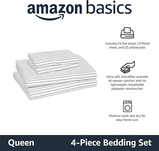 Amazon Basics Lightweight Microfiber 4-Piece Bed Sheet Set, Plum, Printed, Queen AmazonBasics