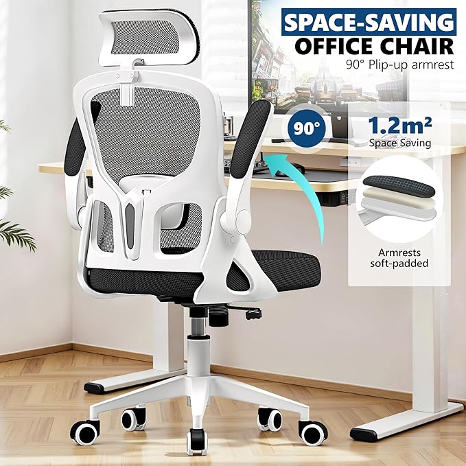 Ergonomic Office Chair - High Back Mesh Computer Desk Chair with Adjustable Lumbar Support & Headrest, Flip-Up Armrests, Tilt Function - Perfect for Gaming, Work, and Study -White
