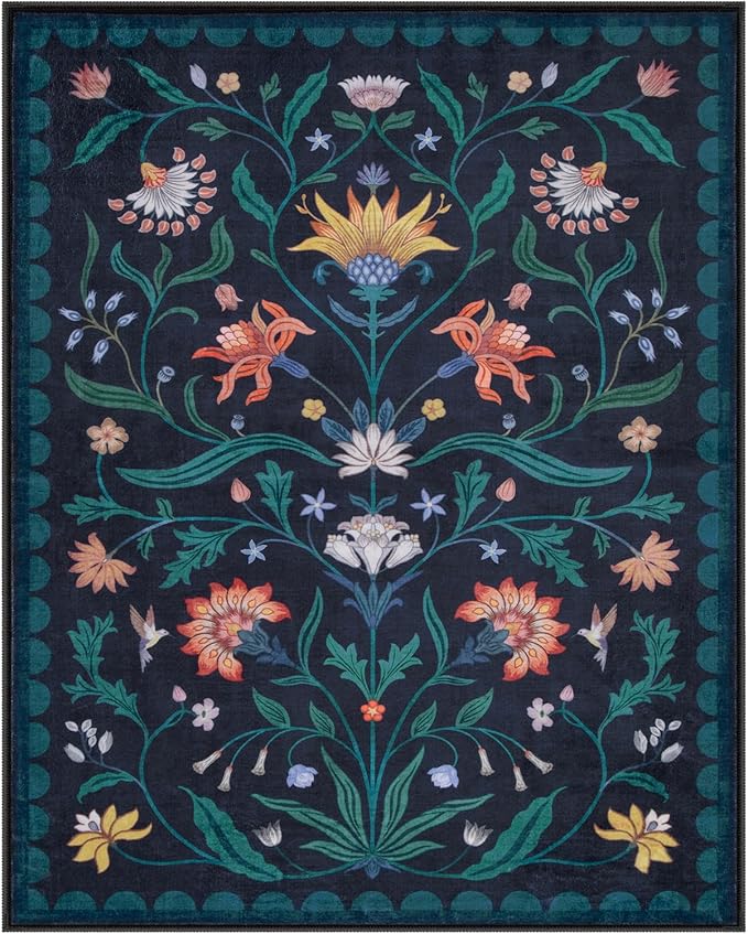 Lahome Boho Floral Washable Dark Blue 8x10 Area Rugs for Living Room, Non Slip Rugs for Bedroom, Ultra-Thin Indoor Throw Dining Room Carpet for Under Table Home Office Farmhouse(Dark Blue,8x10)
