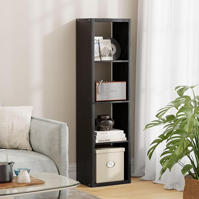 4 Cube Storage Organizer Single Row, Cube Shelf with Heavy-Duty Thick Boards, 13.31" L x 9.37" W x 48.82" H, Smooth Easy-Clean Panels, Simple Assembly, for Living Room Bedroom Office, Black