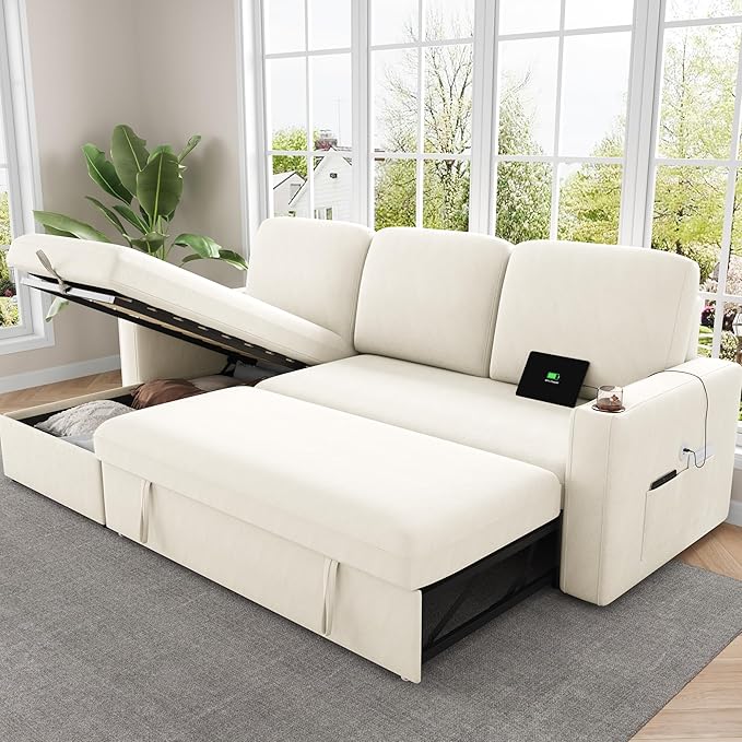 Keyluv 87" Pull Out Sleeper Sofa Bed with Storage Chaise, Reversible 2 in 1 Sectional Sofa Bed with Charging Station and Cup Holder, L-Shaped Sofa Couch for Living Room, Velvet Beige