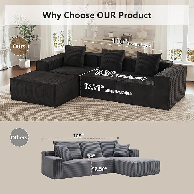 110” Sectional Boneless Couch, 3 Seat Grey Corduroy Convertible Sofa Bed with Pillows, Home Sofa Living Room Bedroom, Memory Foam Modular Couch Daybed Lazy Floor Bed