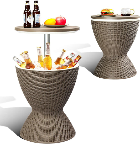 Outdoor Cooler Side Table,Outdoor Cooler Table, Height-Adjustable Outdoor Cool Bar w/ 8 Gallon Beer and Wine Cooler, All-Weather Resistant Patio Cooler Ice Cool Bar for Deck Pool Party (Coffee)