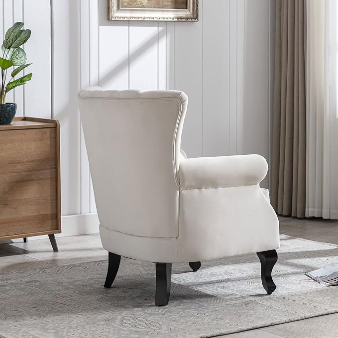 Mid Century Accent Chair Modern Tufted Wingback Armchairs Club Chair Velvet Fabric Single Sofa Reading Chair with Pillow for Living Room, Cream