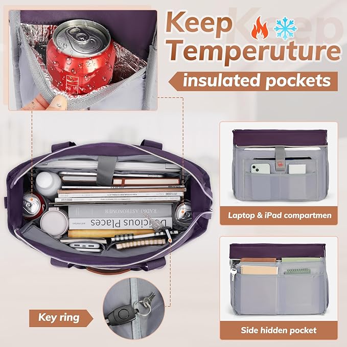 RAINSMORE Teacher Tote Bag for Women Work Bags 15.6 Inch Laptop Tote Bag with Large Cup Holder Nurse Bag Computer Handbag