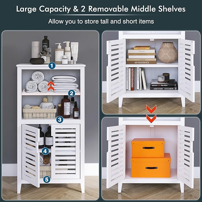 HITNET White Bathroom Cabinet, Bamboo Storage Cabinet Freestanding, Side Tall Storage Organizer for Kitchen Living Room Entryway