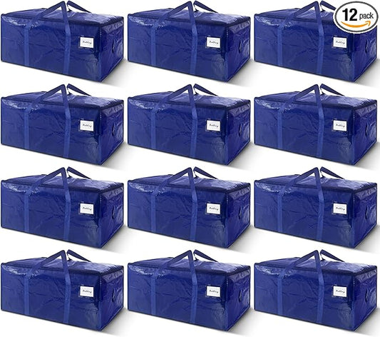 12 Pack Extra Heavy Duty Large Moving Bags with Strong Zipper & Carrying Handles, Sturdy Clothes Storage Bag Totes Bins, Packing Bags Moving Boxes College Moving Supplies, Dark Blue - 40 gal