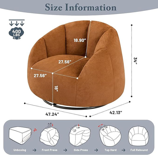 Swivel Giant Bean Bag Chair for Adults - Comfy Plush Round Shell Soft Accent Chair, Oversized Cozy Floor Sofa for Living Room, Bedroom & Game Rooms, Orange