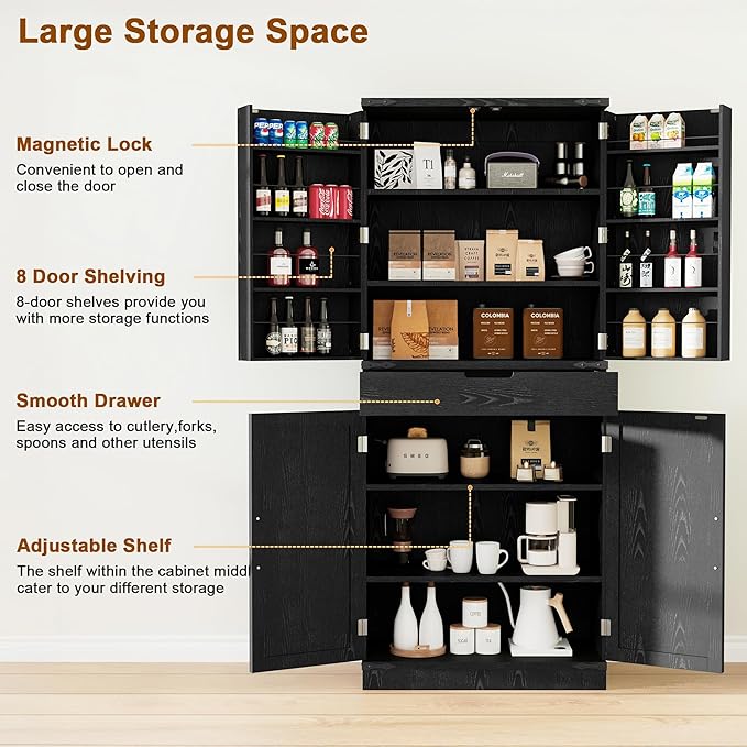 72" Tall Storage Cabinet, Kitchen Pantry Cabinet with Adjustable Shelves & Sturdy Steel Frame, Farmhouse Pantry Storage with 4 Barn Doors for Kitchen, Dining Room, and Living Room, Black