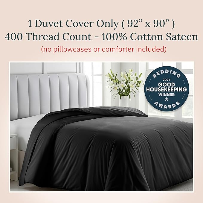 California Design Den Duvet Cover Queen Size/Full Size Only - Premium 400 Thread Count, Natural 100% Cotton Comforter Cover Queen Size, Soft Sateen Weave, Button Closure and Corner Ties - Black