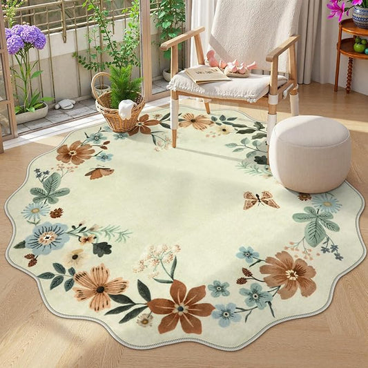 Lahome Floral Washable Round Rugs, Non-Slip Soft Round Rug 4ft Ultra-Thin, Small Boho Circle Carpet for Entryway Kitchen Bedroom Nursery Bathroom, Beige