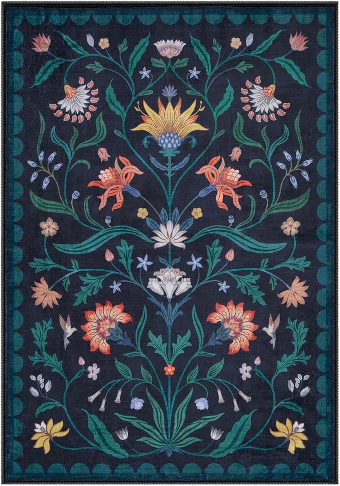 Lahome Boho Floral Washable Dark Blue 9x12 Area Rugs for Living Room, Non Slip Rugs for Bedroom, Indoor Throw Dining Room Carpet for Under Table Home Office Playroom (Dark Blue,9x12ft)