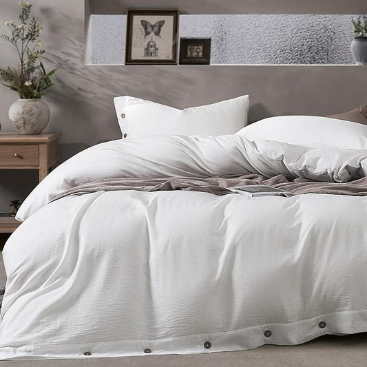 JELLYMONI Washed Cotton Duvet Cover - Off White, Oversized King Size 120x98 Inches, 3-Piece Bedding Set with Button Closure, Includes 1 Duvet Cover & 2 Pillowcases (Comforter Not Included)
