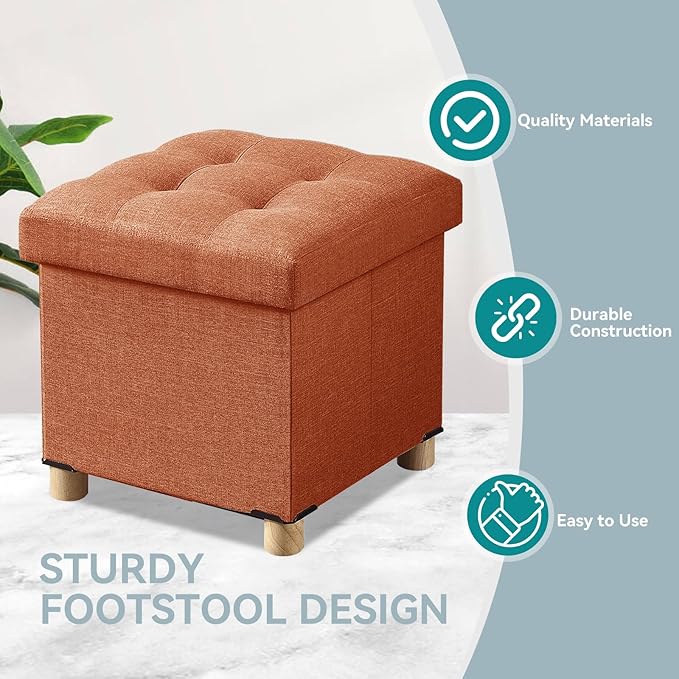 BRIAN & DANY Ottoman with Storage, Small Storage Ottoman for Dorm, Linen Folding Ottoman Foot Stool with Legs for Living Room and Bedroom, 15"x15"x15" - Orange