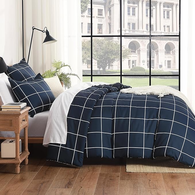 Andency Navy Plaid Comforter Twin(66x90Inch), Dark Blue Grid Gingham Buffalo Plaid Bed Set for Boys Kids Teens, 2 Pieces Lightweight Microfiber Geometric Preppy Bedding