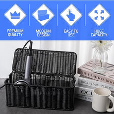 Cable Management Box, Handmade Rattan Cable Organizer, 2 Open Slots Cords Hider Box, Under Desk Cord Organizer for Computer Router USB Hub & Power Strip, Patent Pending, 13