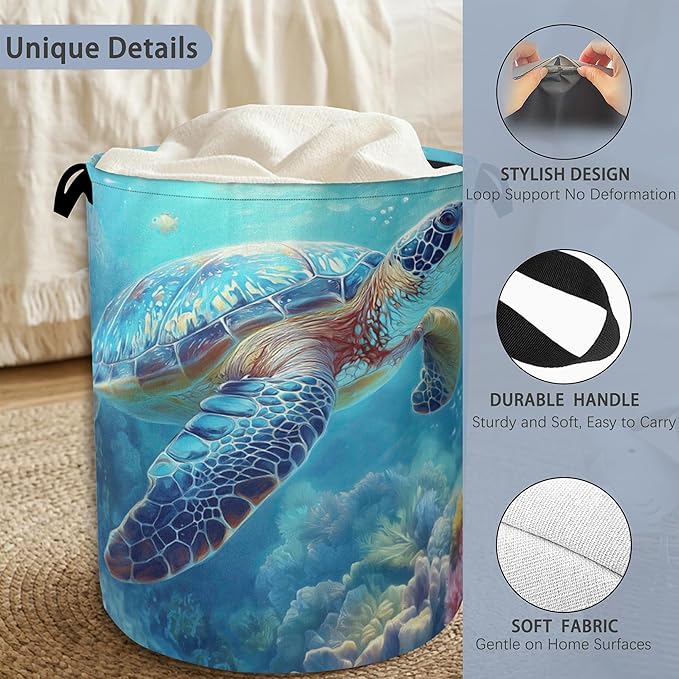 SeaTurtle Ocean Laundry Hamper,Coral Dirty Clothes Laundry Basket with Handles Waterproof Oxford Cloth Storage Basket for College Dorms Bathroom Bedroom 16" x 20.8"