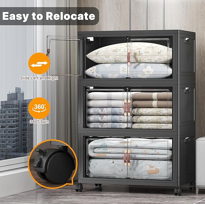 Extra Large Stackable Storage Bins with Lids & Wheels & Door, 960QT-160QT/40GAL*6Pack Foldable Collapsible Closet Organizers, Plastic containers Drawers for Bedroom Dorm