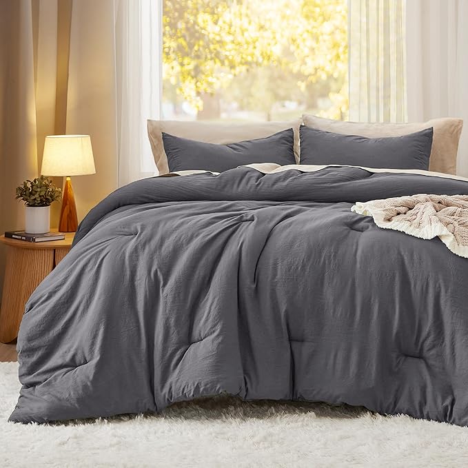 Bedsure Oversized King Comforter Set, Dark Grey Prewashed Bed Comforter for All Seasons, 3 Pieces Warm Bedding Sets, 1 Lightweight Comforter (120"x98") and 2 Pillowcases (20"x36")