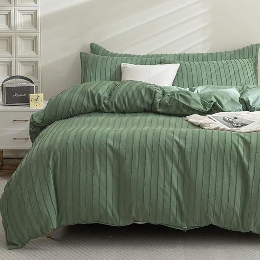 JELLYMONI Duvet Cover Super Queen Size Green - 3PCS Boho Striped Duvet Cover Set Polyester Tufted Bohemian Textured Comforter Cover 98×90in with Corner Ties & Zipper and 2 Pillowcases