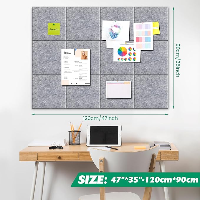 Large Corkboard Alternative - 11.8"x11.8"x0.35" 12 Pack Felt Wall Tiles Self-Adhesive Safe Removable Large Corkboard Bulletin Board Felt Cork Board for Walls Office 48 x 36-Light Gray