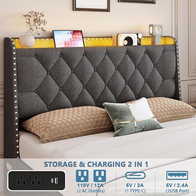 Full Size Bed Frame with 4 Drawers and Storage Headboard, Upholstered Button Linen Platform Full Bed with Led Lights and Handy Charging Station, No Box Spring Needed, Easy Assembly, Noise Free, Grey