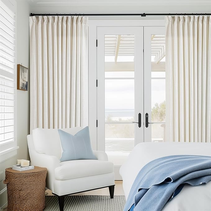 102 Inch Long Curtains Extra Wide 70 Inch Width Pinch Pleat Linen Curtains for Living Room Cream Light Filtering Privacy Pleated Hooks Rings Back Tab for Sliding Door 1 Panel