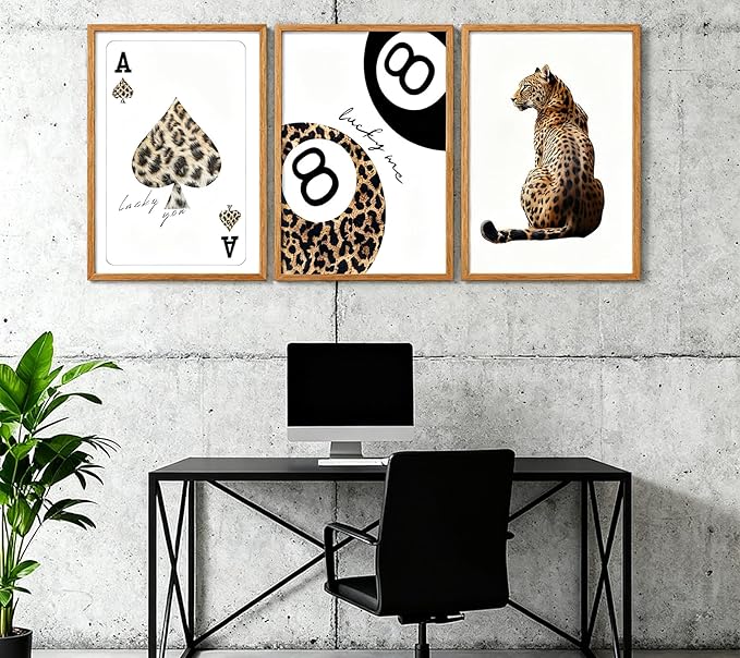 XLYFVLGF 3Pcs Trendy Leopard Canvas Wall Art Cheetah Prints Wall Decor Pictures Funky Lucky You 8 Ball Posters Preppy Aesthetic Paintings for Girls Bedroom Dorm Apartment Decoration 12x16 inch