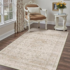 4x6 Washable Beige Area Rug Vintage Entryway Office Carpet Non-Slip Soft Low Pile Distressed Indoor Throw Rug for Living Room Bathroom Dining Room