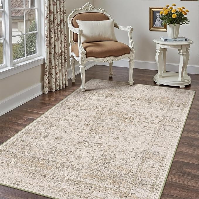 3x5 Washable Beige Area Rug Vintage Entryway Office Carpet Non-Slip Soft Low Pile Distressed Throw Rug for Entrance Living Room Bathroom Dining Room