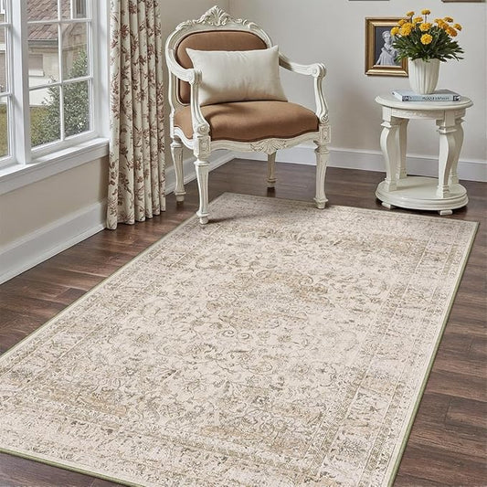 3x5 Washable Beige Area Rug Vintage Entryway Office Carpet Non-Slip Soft Low Pile Distressed Throw Rug for Entrance Living Room Bathroom Dining Room