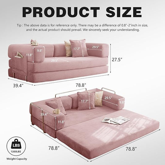 78.8" Convertible Sofa Bed -Compression Sofa with Corduroy Fabric - with Armrests and Backrest - Modular Sectional for Living Room, Bedroom, Studio - Compression Sofa in Box(Pink)