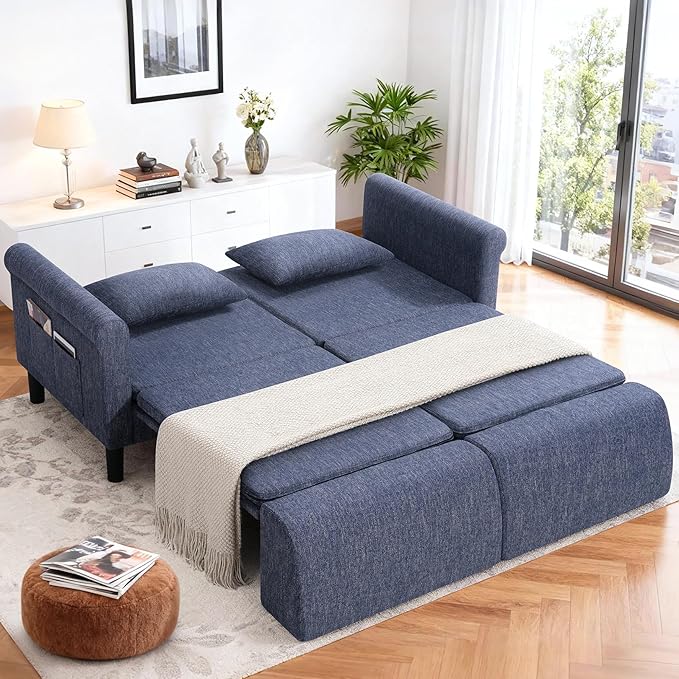 SEJOV 74" Convertible Sofa Bed, 5-in-1 Loveseat Sleeper Sofas with Pull Out Couch Bed, Storage Pockets & 2 Pillows, Modern Folding Linen Futon Couch for Living Room, Bedroom, Small Space, Blue