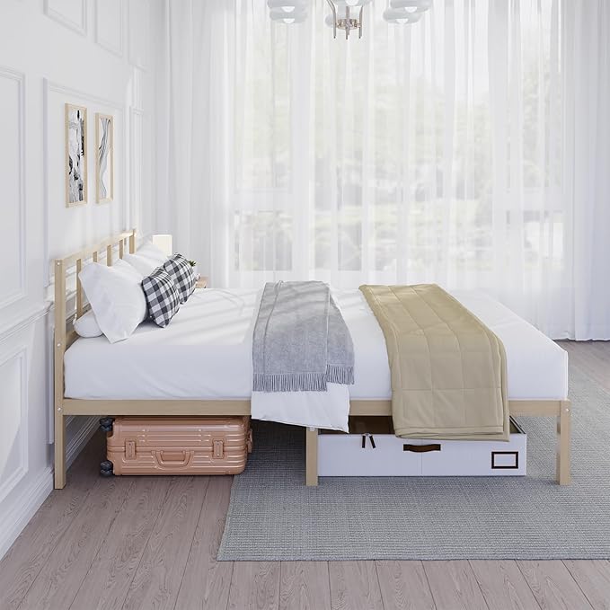 14 Inch Bamboo Bed Frame – Solid Wood Platform Bed Frame, Strong and Stable, with Non-Slip Slats for Support, No Box Spring Needed, Easy to Assemble, Noise-Free (Natural, Queen with Headboard)