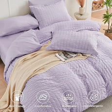 HYMOKEGE Lavender Queen Comforter Set Seersucker 7 Pieces, All Season Luxury Bed in a Bag for Bedroom, Bedding Set with Comforters, Sheets, Pillowcases & Shams